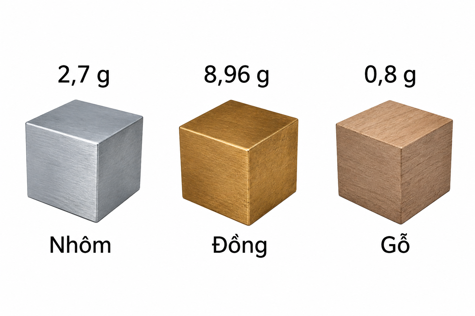 Ba khối lập phương một centimet khối bằng nhôm, đồng và gỗ với khối lượng tương ứng