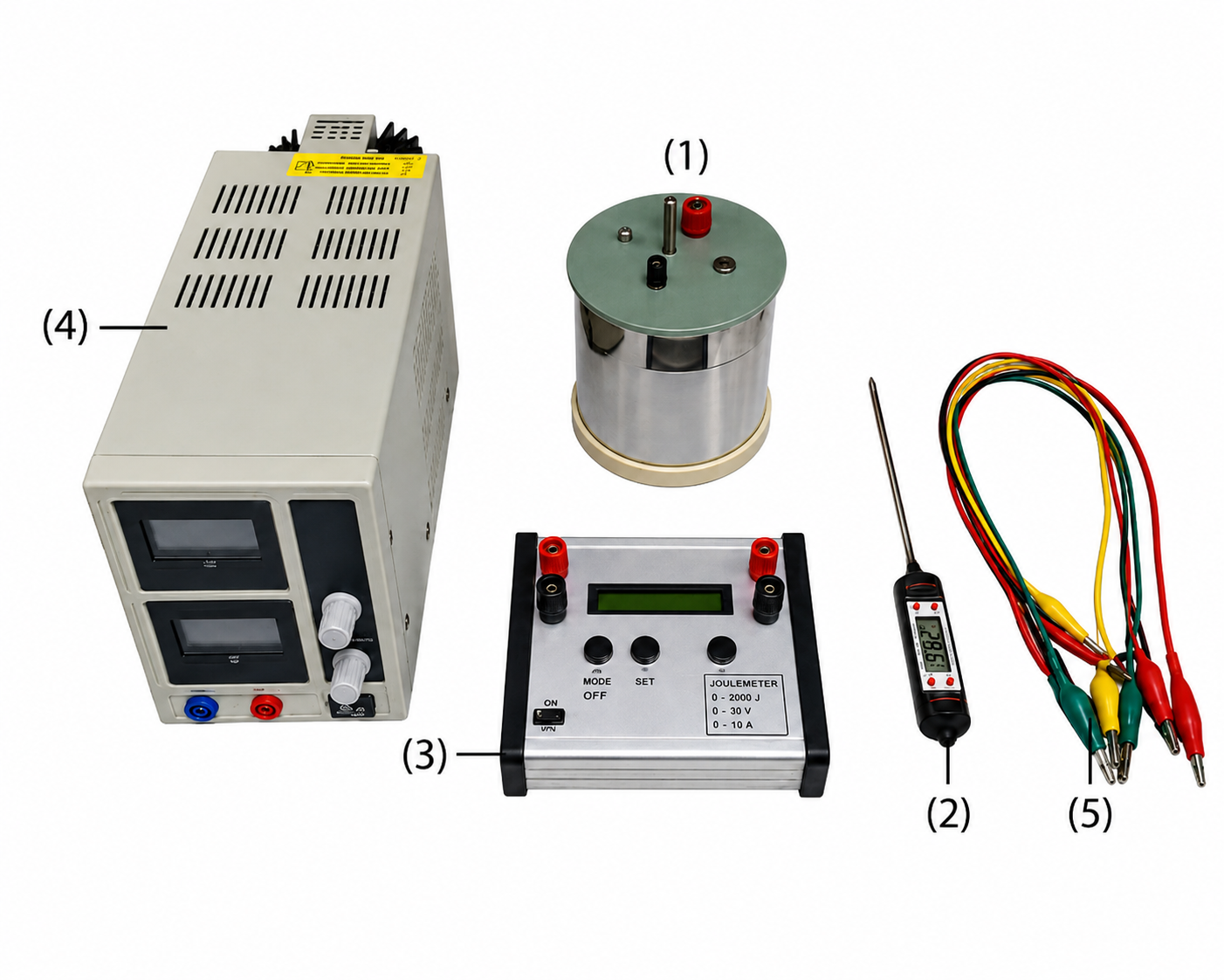 Các dụng cụ thí nghiệm đo năng lượng nhiệt được đánh số (1) đến (5).