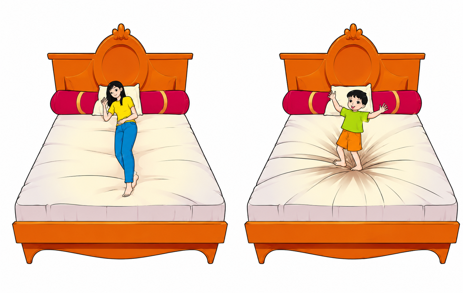 Hai tình huống người nằm và em bé đứng trên đệm